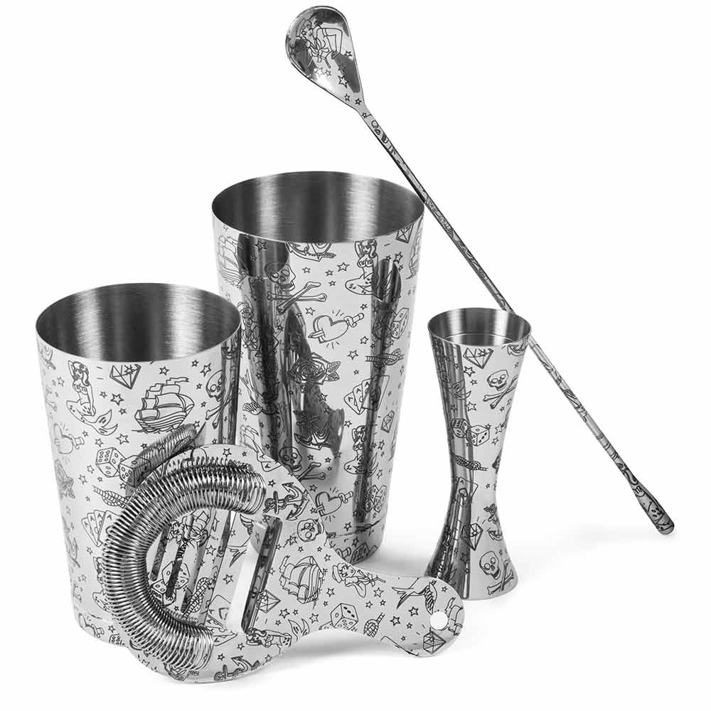 Tattoo Stainless Steel 5 Piece Cocktail Set Tin-on-Tin Shaker, Jigger, Spoon and Strainer - Image 3