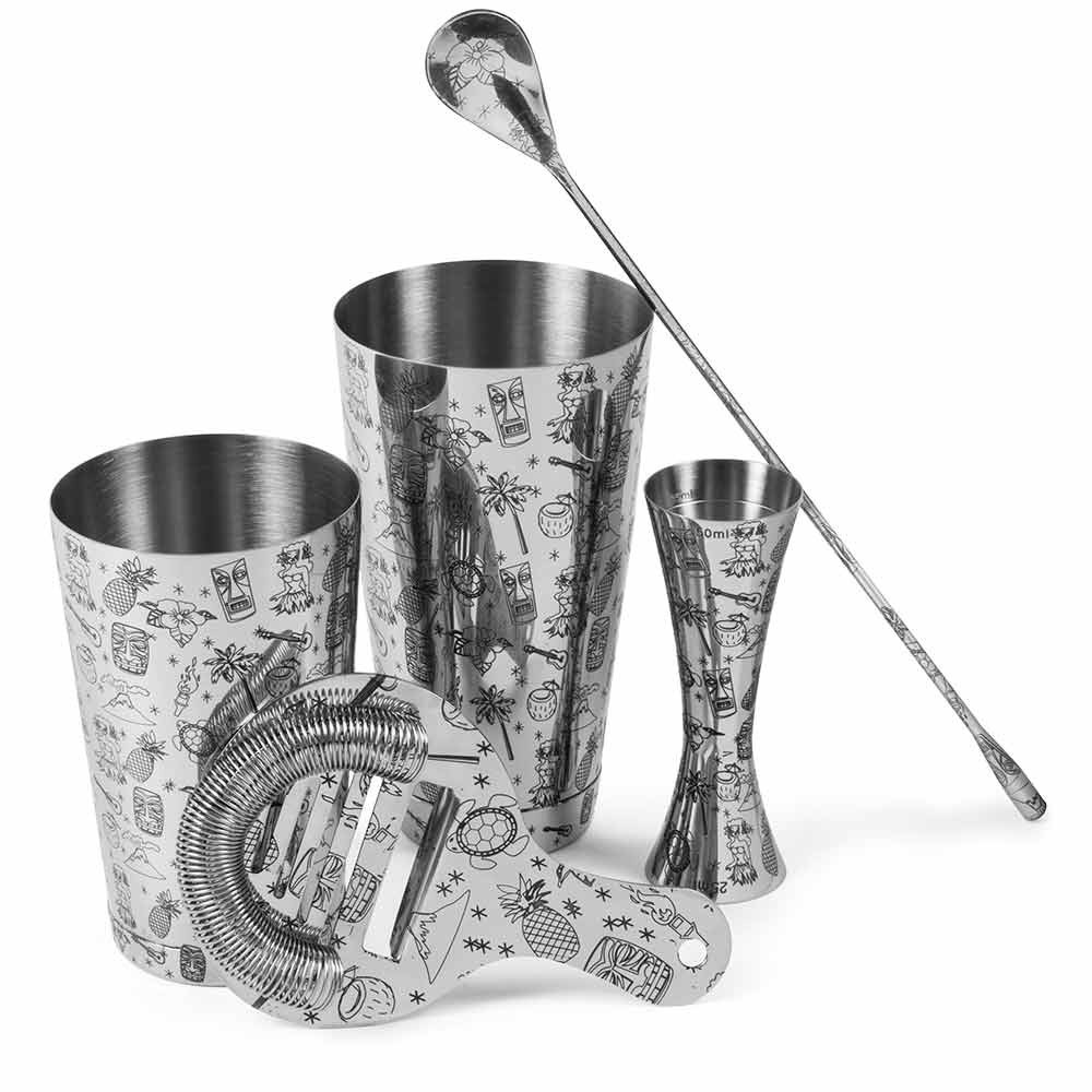 Tiki Stainless Steel 5 Piece Cocktail Set Tin-on-Tin Shaker, Jigger, Spoon and Strainer - Image 3
